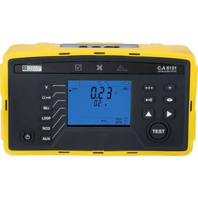 Een geel installatiecontrolemeettoestel met display toont '0,23'. Knoppen en symbolen voor besturing en meting op de voorkant.