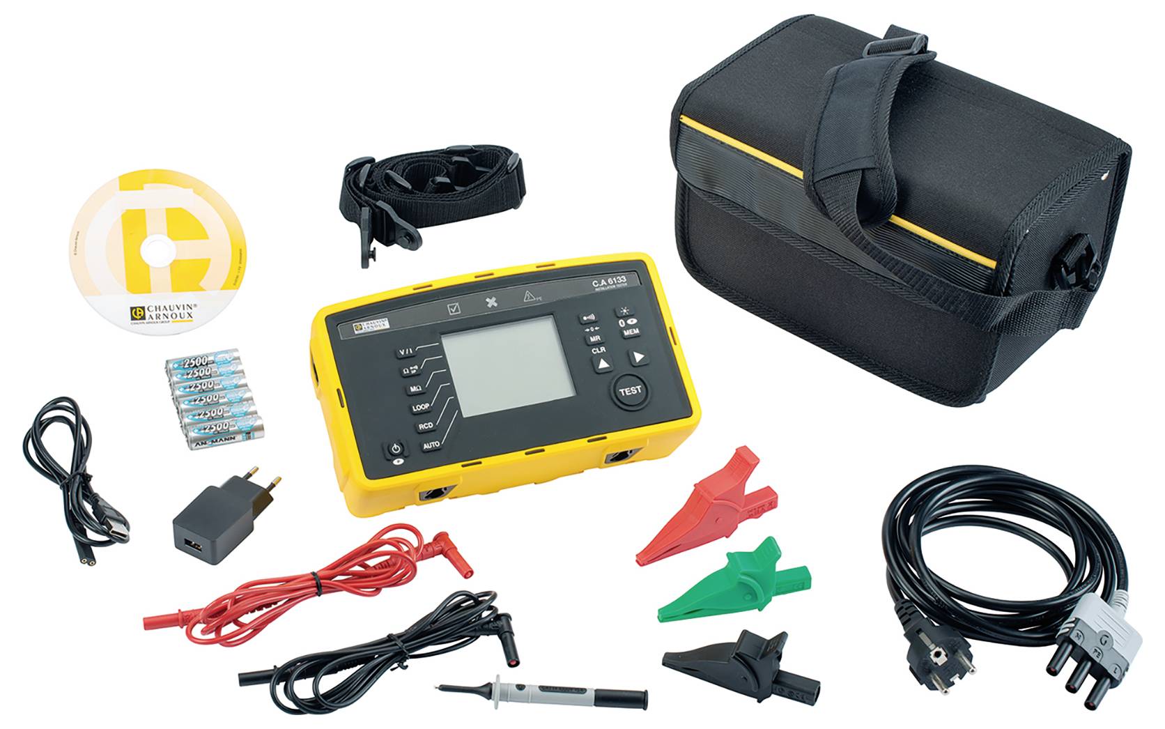 Multimeter-set met meetapparaat, draagtas, kabels, batterijen, krokodilklemmen en stekkers, geschikt voor elektronische metingen.
