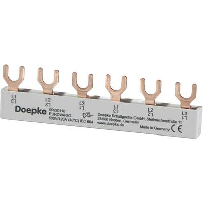 Een koperen fasegeleider van Doepke met zes klemmen. Opschrift: '500V/120A (40°C) IEC 664'. Vervaardigd in Duitsland.