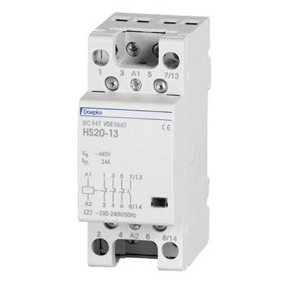 Een wit elektrisch contactblok van het merk Doepke, model HS20-13, geschikt voor spanningen van 230-440 V en 24 A, met meerdere aansluitklemmen.