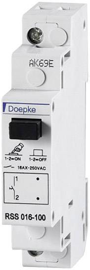 Een Doepke beschermschakelaar RSS 016-100 met een schakelaar voor 16A en 250V wisselstroom, toont een schakelcircuit-symbool en aan/uit-posities.