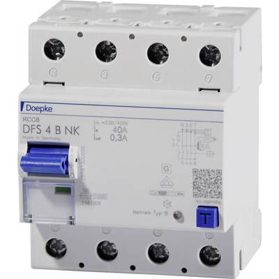 Een RCCB (aardlekschakelaar) van Doepke, model 'DFS 4 B NK', ontworpen voor 40A en 0,3A lekstroom, geschikt voor type B toepassingen.