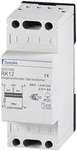 Een beltransformator van het merk 'Doepke', model 'RK12', met specificaties: 12V uitgang, primair 230V/50Hz, conform EN 61558.