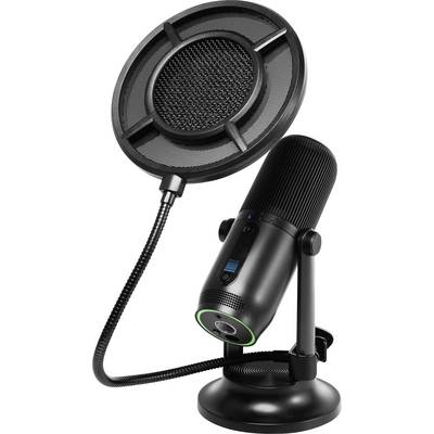 Een zwarte studiomicrofoon met een popfilter, geschikt voor opnames en streaming.