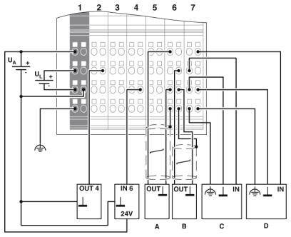 Schakelschema van een elektrische besturingseenheid met zeven aansluitpunten (1-7). Verbindingen naar vier modules (A-D) worden weergegeven.