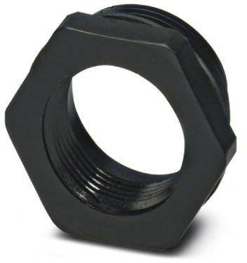 Zeskantmoer van metaal, zwart, met schroefdraad. Gebruikt voor bevestiging in mechanische toepassingen.