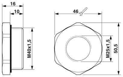 Montagehandtekening van een zeskante moer met de afmetingen: M40x1,5, 50,5 mm breedte, 46 mm sleutelwijdte, M25x1,5.