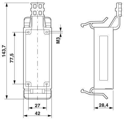 Technische tekening van een rechthoekig onderdeel met afmetingen: 143,7 mm hoogte, 42 mm breedte, 28,4 mm diepte.