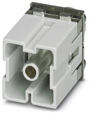 Een witte, rechthoekige elektrische stekker met metalen aansluitingen in het midden en zijdelingse schroefverbindingen.
