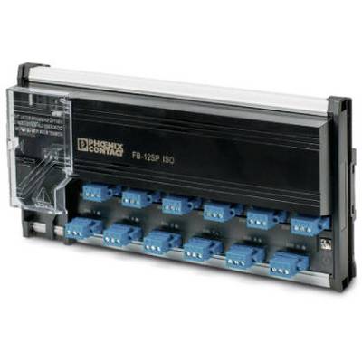 Een zwart module met de opdruk 'PHOENIX CONTACT F8-12SP ISO' en meerdere blauwe aansluitklemmen.