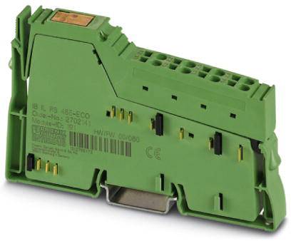 Groen elektronisch module met meerdere aansluitklemmen en technische specificaties aan de zijkant.