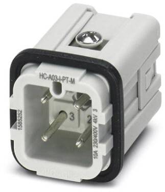 Witte stekker met vier metalen pinnen voor elektronische toepassingen, labels '3', '1', '2' en '4' zichtbaar.
