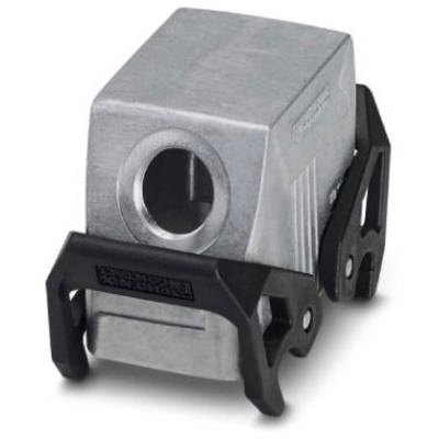 Industriële component: Metalen blok met zijdelings gat en zwarte kunststof bevestiging. Gebruikt in elektrische of mechanische toepassingen.