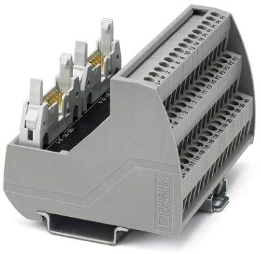 Grijze railklem met meerdere aansluitingen en hefbomen, gemarkeerd met nummerreeksen voor het verbinden en distribueren van elektrische kabels.