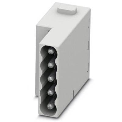 Grijs, rechthoekig kunststof behuizing met vijf interne, verticale metalen contacten, vermoedelijk een elektrische aansluitblok.