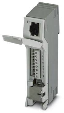Een grijze, rechthoekige elektronische module met een opengeslagen klep. Bovenaan bevindt zich een Ethernet-aansluiting, daaronder zijn genummerde aansluitingen.