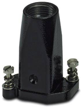 Zwarte metalen steun met twee schroeven aan de basis, conisch gevormd.