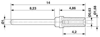 Technische tekening van een cilindrisch onderdeel met afmetingen: totale lengte 14 mm, diameter 1 mm, kernboorgat 0,63 mm.