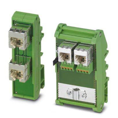 Een groen elektrisch steekmultiplexmodule met twee RJ45-aansluitingen, gebruikt voor gegevensverbindingen in industriële of technische toepassingen.