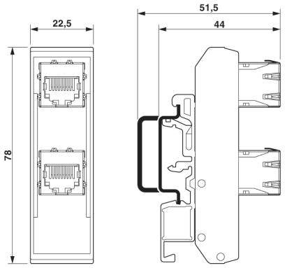 Technische tekening van een dubbele netwerkaansluiting met afmetingen: hoogte 78 mm, breedte 22,5 mm, diepte 51,5 mm.