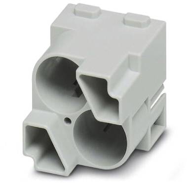 Een grijze, driehoekige elektrische steekeradapter met meerdere aansluitingen.