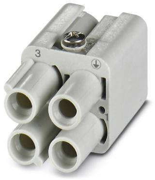 Een grijze, vierpolige stekker met genummerde aansluitingen en een schroef voor het bevestigen van elektrische kabels.