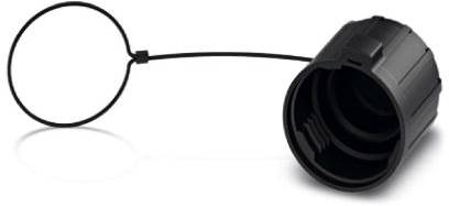 Een zwarte kunststof dop met bevestigingslus, vaak gebruikt ter bescherming van lenzen of aansluitingen.