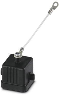Zwart, vierkant behuizing met kabel en ringoog, vermoedelijk een sensor of elektronisch onderdeel voor montage.