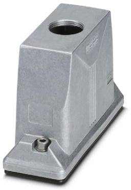 Grijs, rechthoekig metalen behuizing met een grote ronde opening bovenaan en een kleinere onderaan, geschikt voor industriële toepassingen.