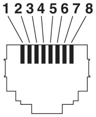 Tekening van een RJ-45-connector met genummerde pinnen van 1 tot 8 en verticale lijnen die de contacten voorstellen.
