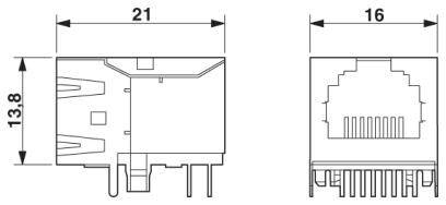 Tekening van een rechthoekig elektronisch onderdeel met afmetingen: 21 mm breed, 16 mm diep, 13,8 mm hoog. Vooraanzicht en zijaanzicht.