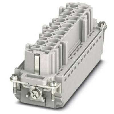 Een grijze elektrische connector met meerdere aansluitpunten en twee zijdelingse schroefklemmen voor industriële toepassingen.