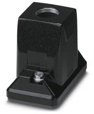 Een zwarte metalen blok met een ronde opening aan de bovenkant en een bevestigingsschroef onderaan, gebruikt als mechanische bevestiging.