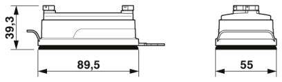 Technische tekening van twee cilinders naast elkaar: Links met afmetingen 89,5 mm breedte en 39,3 mm hoogte, rechts 55 mm breedte.