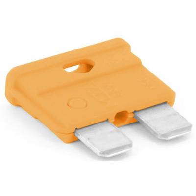 Oranje platte zekering met twee metalen contacten. Gebruikt ter bescherming van elektrische circuits tegen overstromen.