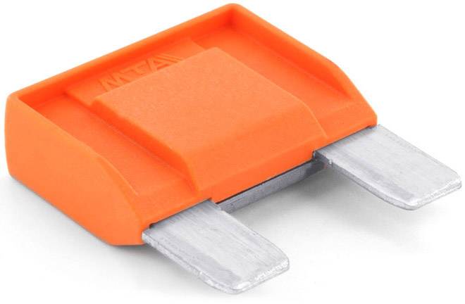 'Oranje platte zekering met twee metalen contacten voor elektrische systemen.'