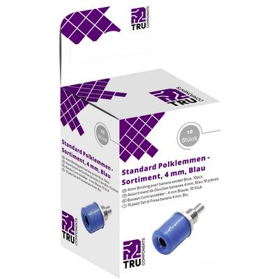 Productenverpakking voor 'Standaard polklemmenassortiment, 4 mm, Blauw'. Toont een blauw toebehooronderdeel en de hoeveelheid van 10 stuks.