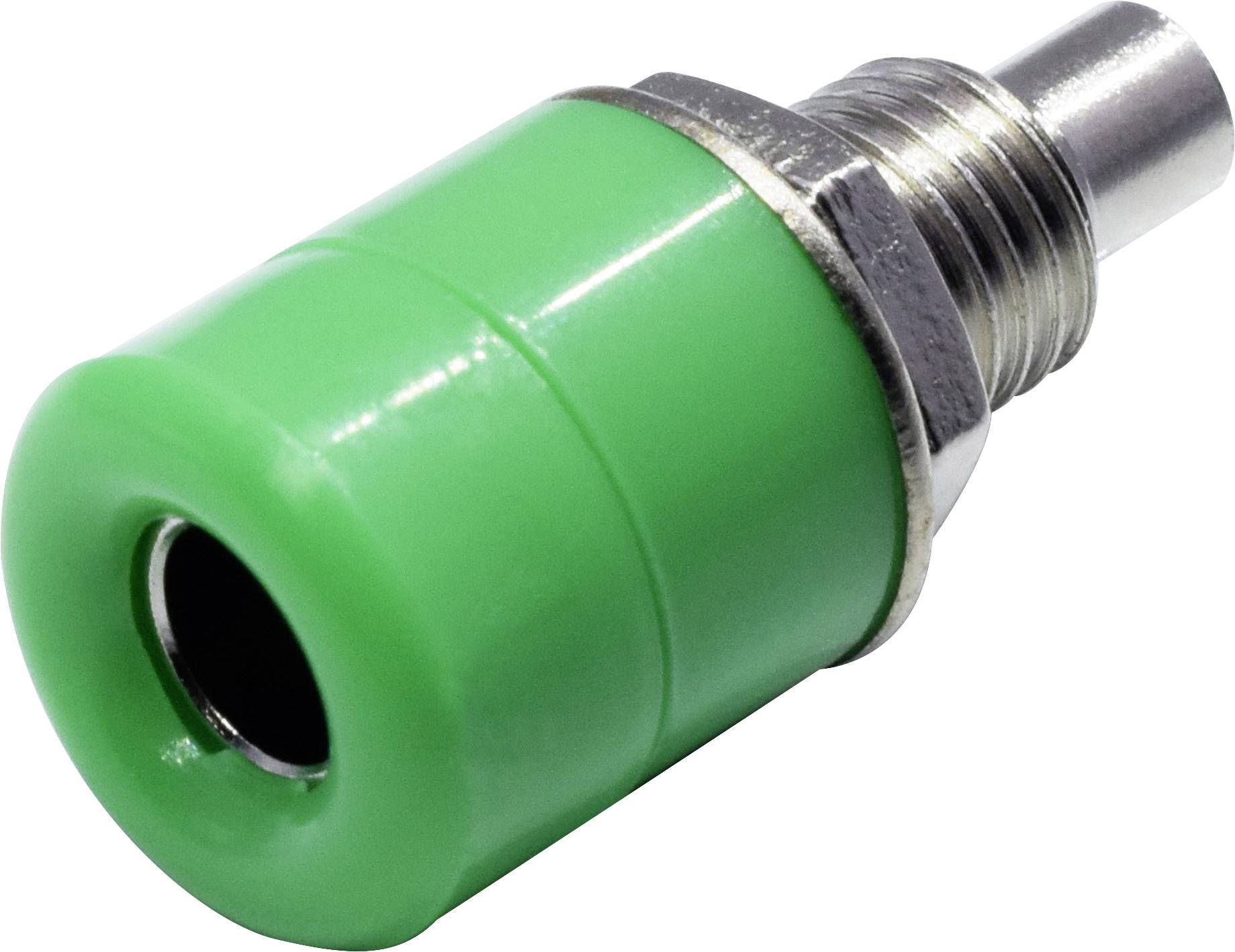 Een groene steekeradapter met metalen schroefdraad, geschikt voor elektrische verbindingen.