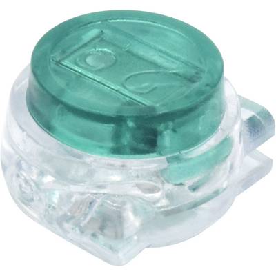 Een transparante kunststof connector met een groene drukknop voor elektrische aansluiting van draden.