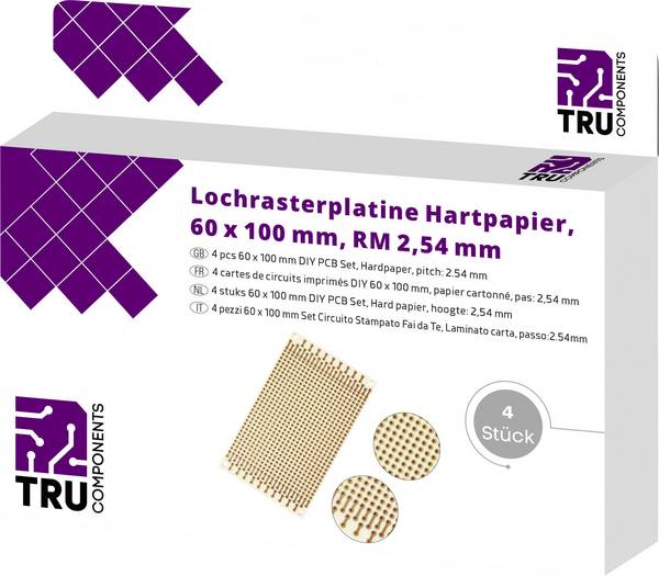 TRU COMPONENTS T1906SA037 Printplaat  Hardpapier (l x b) 100 mm x 60 mm 35 µm Rastermaat 2.54 mm Inhoud 4 stuk(s)