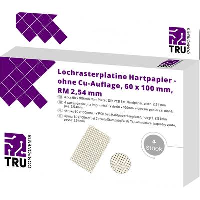 'Printplaat van hardpapier zonder koperlaag, 60 x 100 mm, rasterafstand 2,54 mm', 4 stuks in een verpakking van TRU Components.