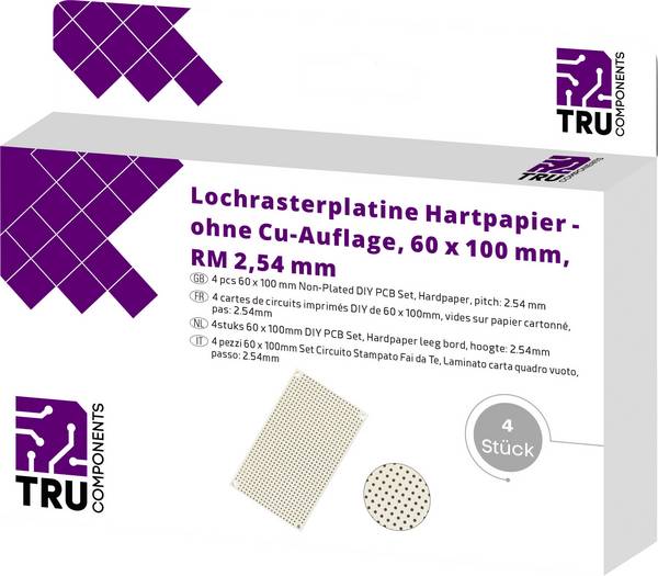 TRU COMPONENTS  Printplaat Zonder Cu-laag Hardpapier (l x b) 100 mm x 60 mm 35 µm Rastermaat 2.54 mm Inhoud 4 stuk(s)