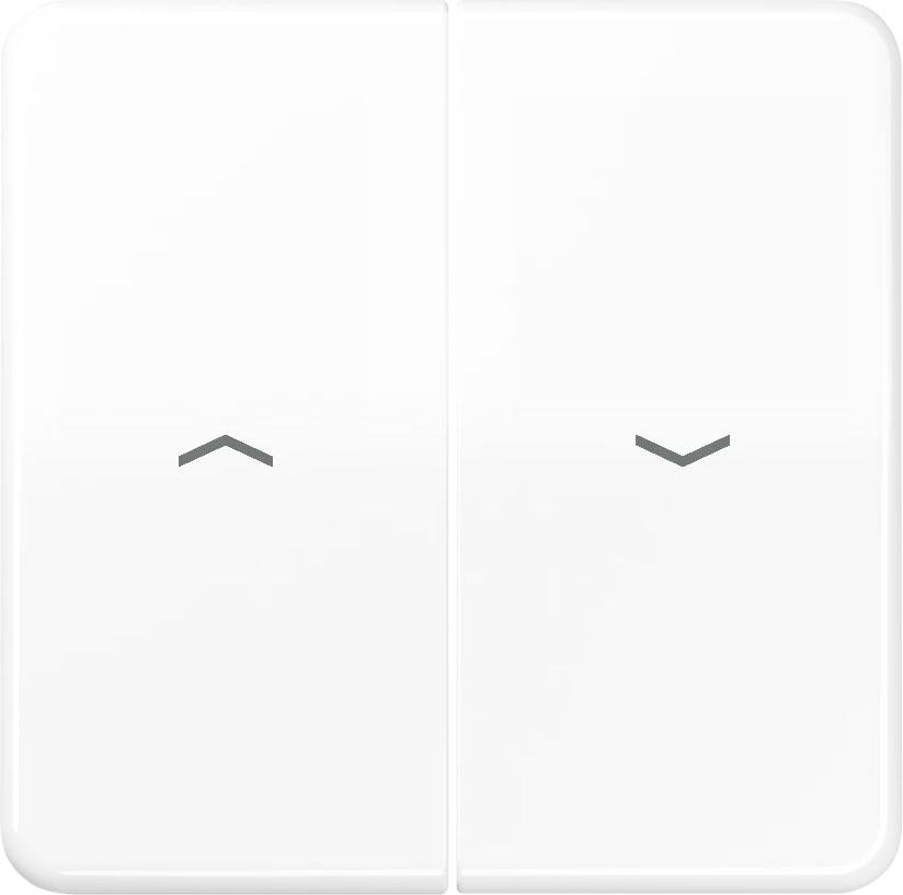 Een witte dubbele lichtschakelaar met pijlen omhoog en omlaag, elk op een afzonderlijke schakelaar, die de aan/uit-functionaliteit aanduiden.