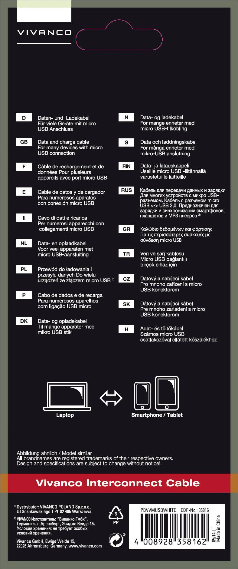 'Vivanco Interconnect-kabel' verpakkingsachterkant toont instructies in meerdere talen, symbolen voor laptop- en smartphone/tablet-verbinding.