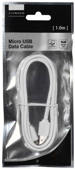 Micro USB-datakabel, 1 meter, geschikt voor laptops en apparaten met Micro USB-aansluiting, verpakt in plastic hoes.