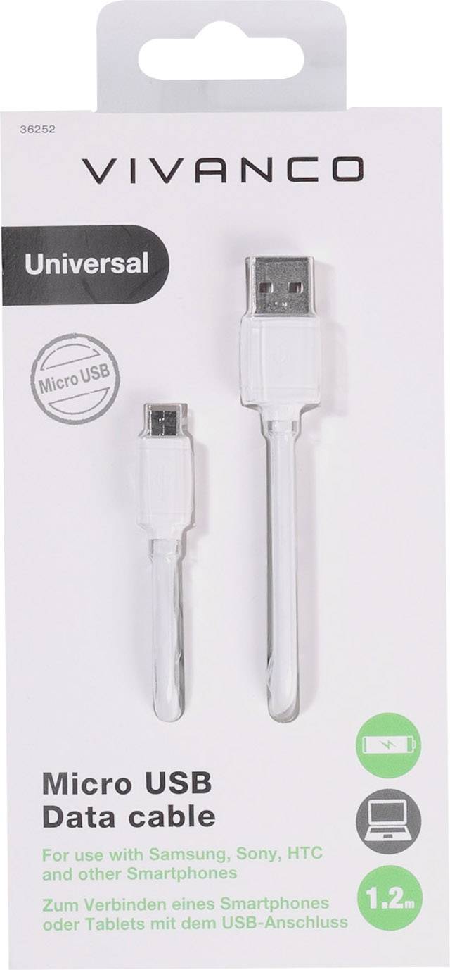 'Vivanco Universele Micro USB-datakabel, 1.2m. Geschikt voor het aansluiten van smartphones of tablets via USB-poort.' Verpakking met kabel.