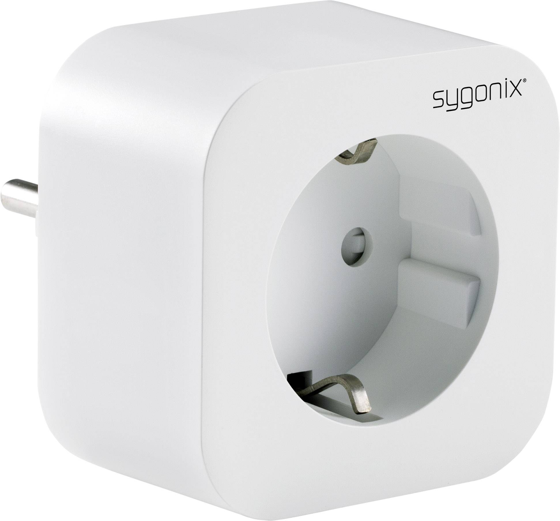 Witte stopcontactadapter van het merk Sygonix, geschikt voor Europese stopcontacten, ter uitbreiding van de aansluitingsmogelijkheden.