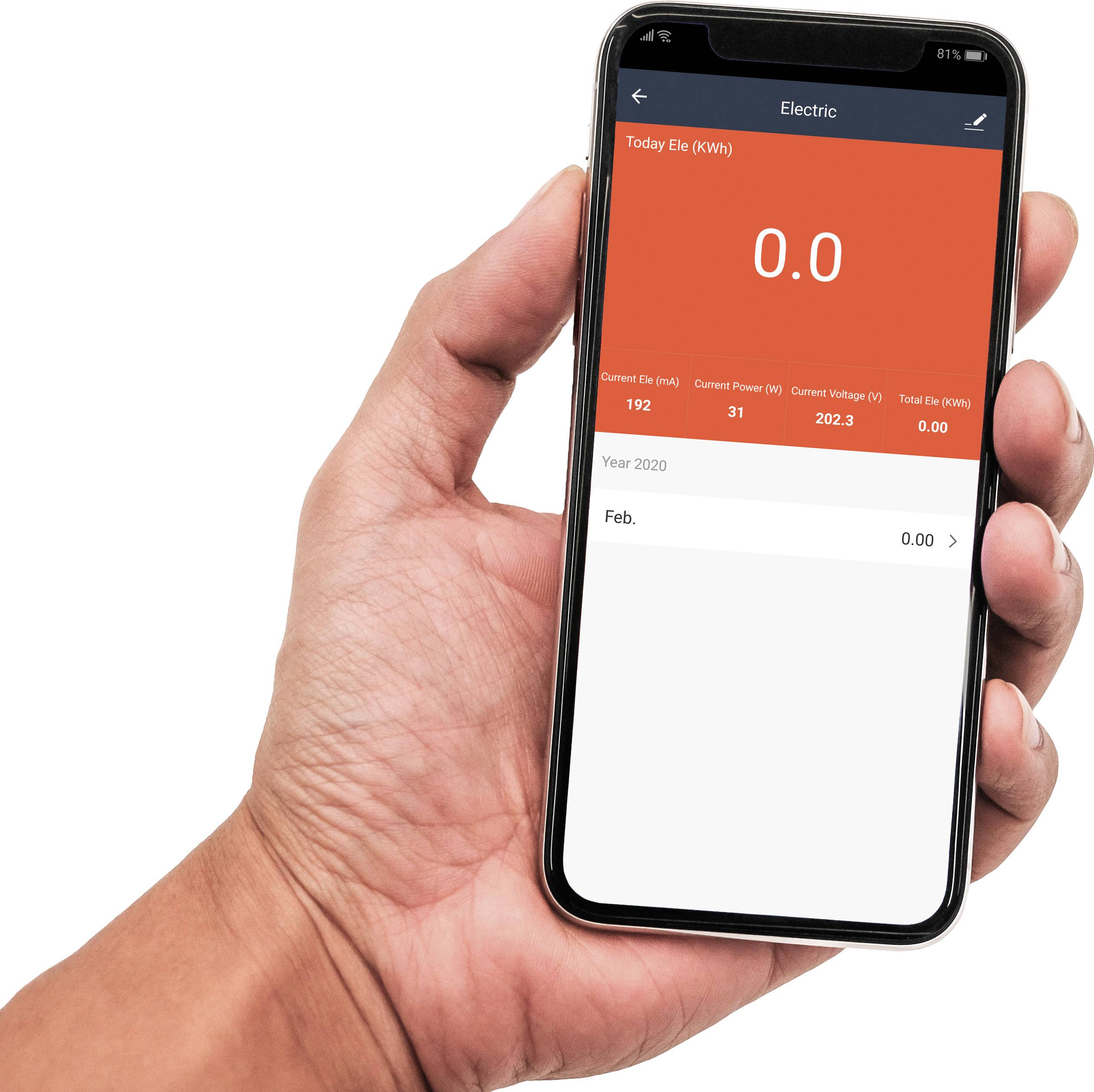 Een hand houdt een smartphone vast met een app die het stroomverbruik weergeeft. Het huidige verbruik is 0,0 kWh in februari 2020.