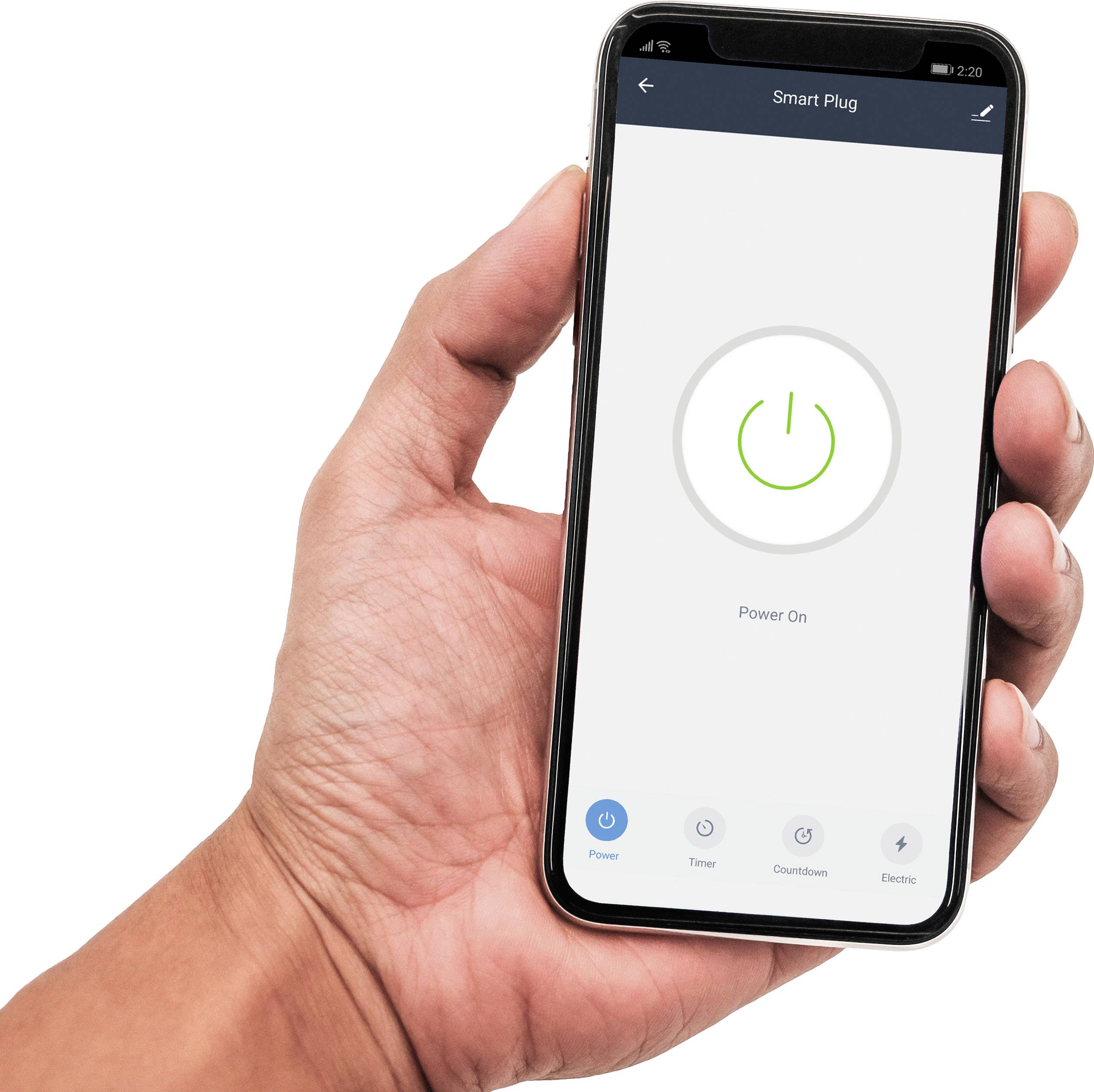 Een hand houdt een smartphone vast waarop een app wordt weergegeven voor het bedienen van een slimme stekker. Op het scherm staat 'Power On'.