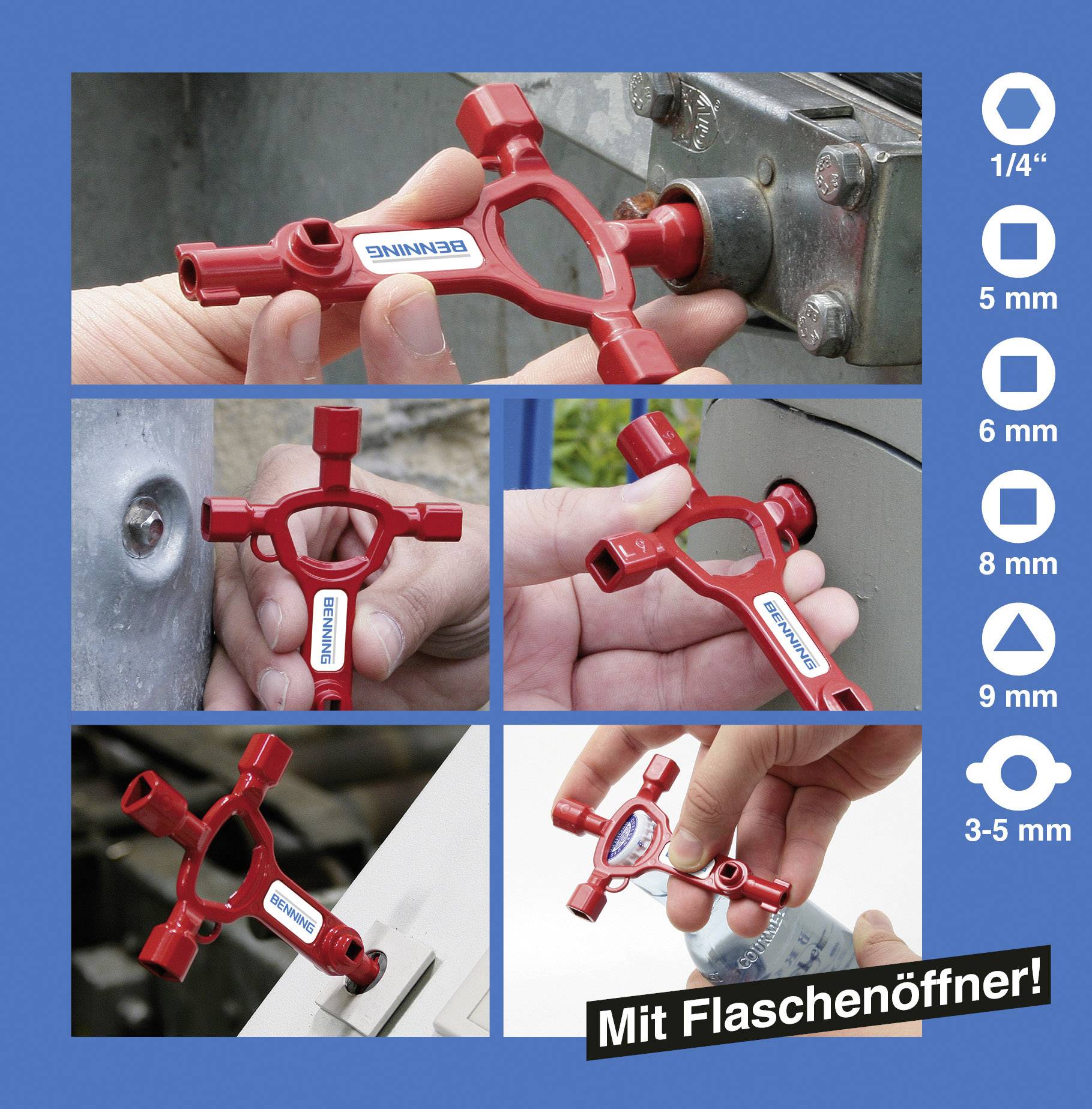 Rode universele sleutel met vijf verschillende toepassingsgebieden, waaronder een flesopener.